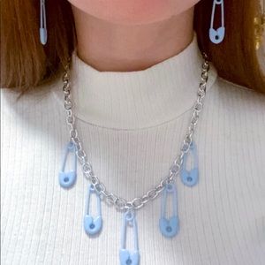 Baby Blue Safety Pin  Chain and Earring Set
